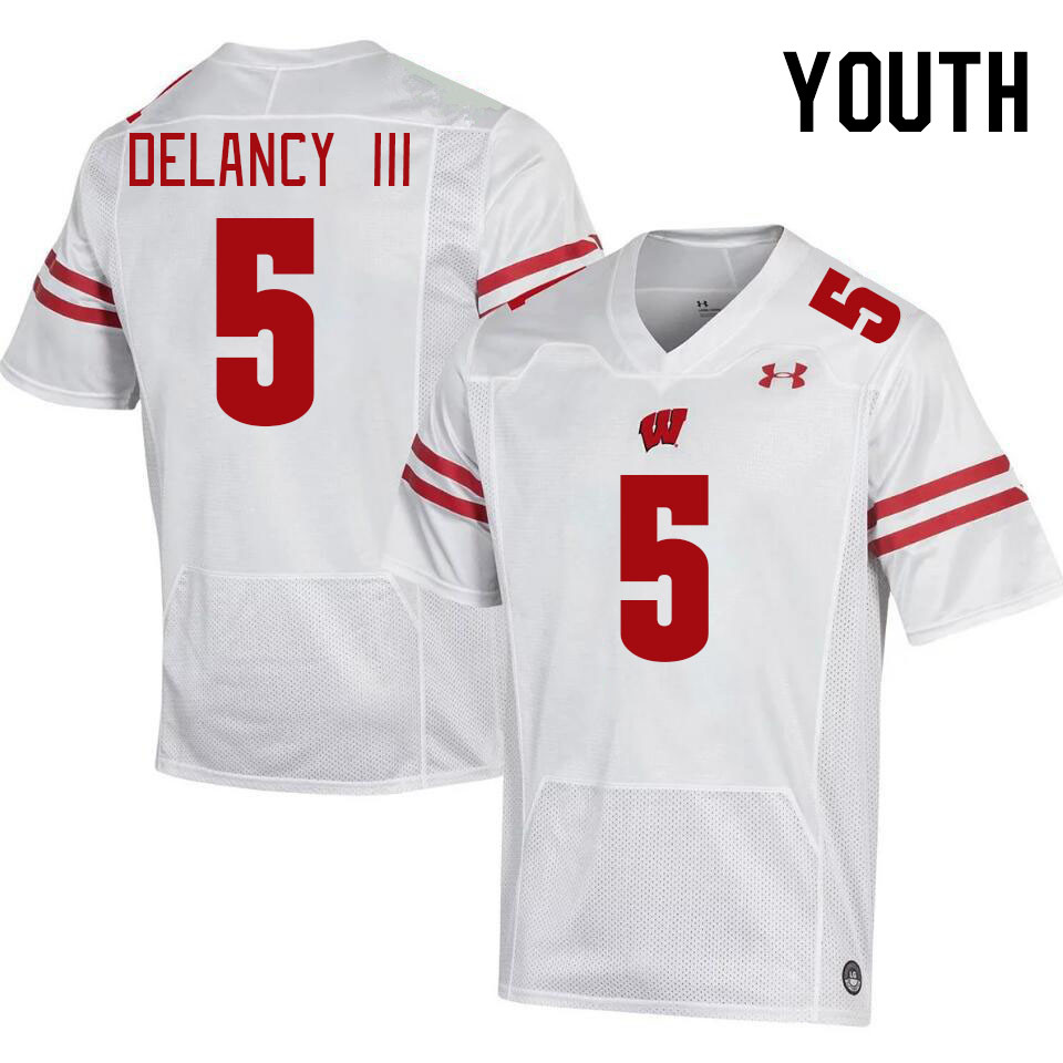 Youth #5 RJ Delancy III Wisconsin Badgers College Football Jerseys Stitched-White